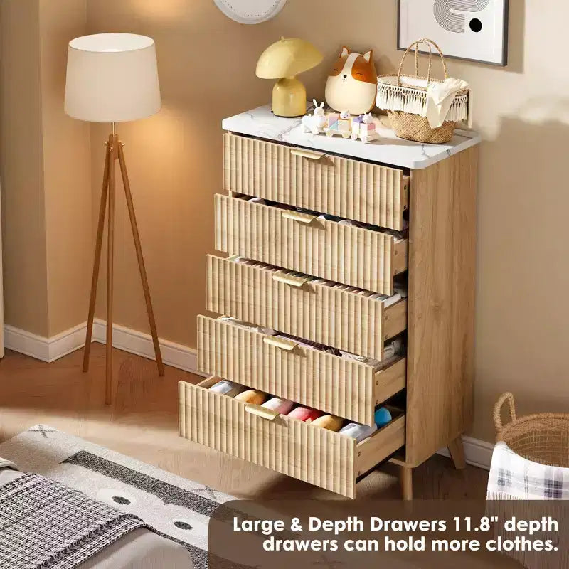 5-Drawer Fluted Dresser, 47.2"H with Gold Handles, Wood Nightstand & Clothes Storage for Bedroom