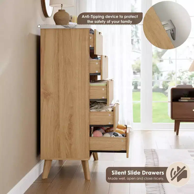 5-Drawer Fluted Dresser, 47.2"H with Gold Handles, Wood Nightstand & Clothes Storage for Bedroom