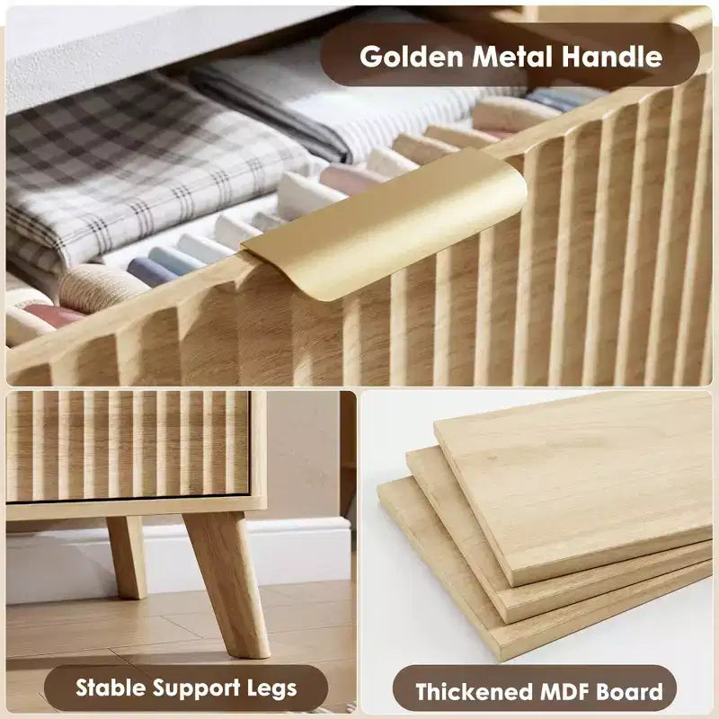 5-Drawer Fluted Dresser, 47.2"H with Gold Handles, Wood Nightstand & Clothes Storage for Bedroom