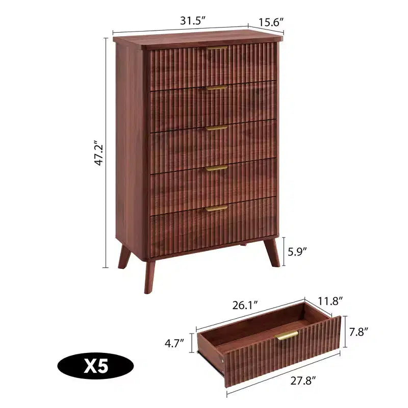 5-Drawer Fluted Dresser, 47.2"H with Gold Handles, Wood Nightstand & Clothes Storage for Bedroom