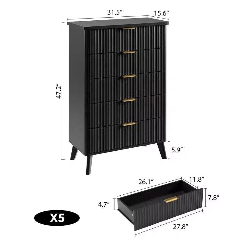 5-Drawer Fluted Dresser, 47.2"H with Gold Handles, Wood Nightstand & Clothes Storage for Bedroom