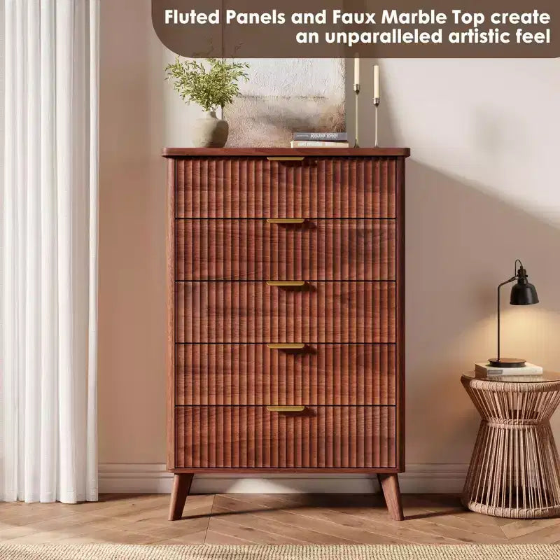 5-Drawer Fluted Dresser, 47.2"H with Gold Handles, Wood Nightstand & Clothes Storage for Bedroom