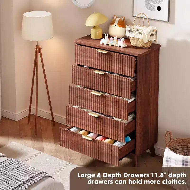 5-Drawer Fluted Dresser, 47.2"H with Gold Handles, Wood Nightstand & Clothes Storage for Bedroom