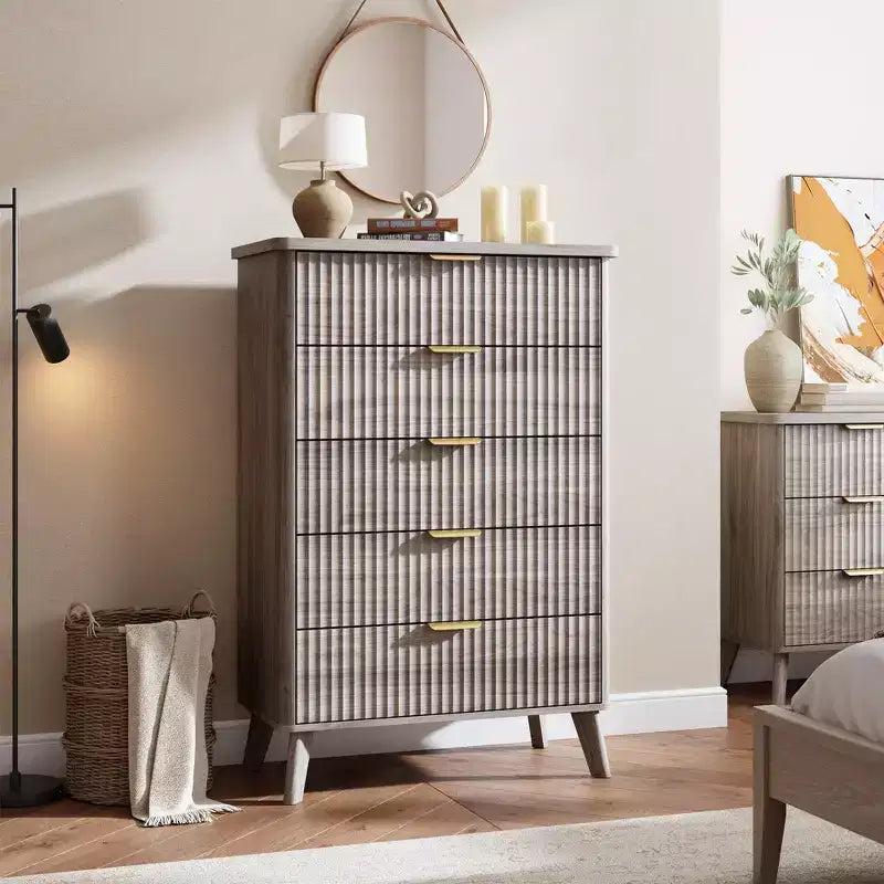 5-Drawer Fluted Dresser, 47.2"H with Gold Handles, Wood Nightstand & Clothes Storage for Bedroom