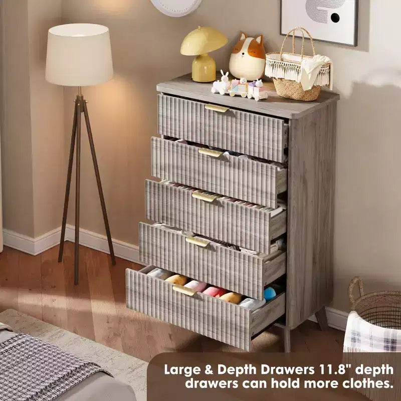 5-Drawer Fluted Dresser, 47.2"H with Gold Handles, Wood Nightstand & Clothes Storage for Bedroom