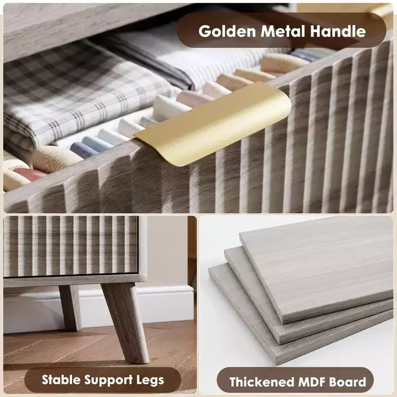 5-Drawer Fluted Dresser, 47.2"H with Gold Handles, Wood Nightstand & Clothes Storage for Bedroom