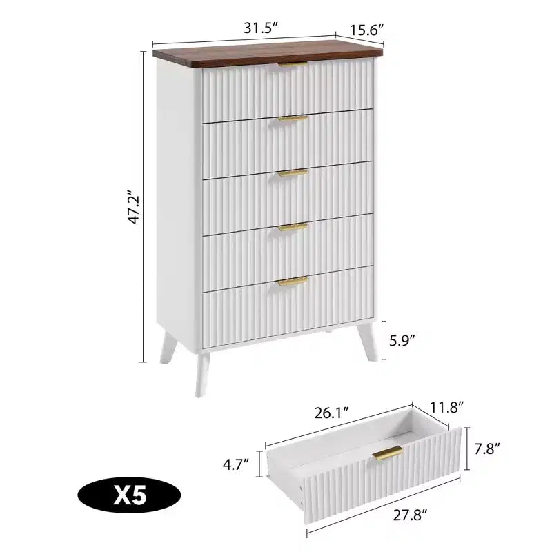 5-Drawer Fluted Dresser, 47.2"H with Gold Handles, Wood Nightstand & Clothes Storage for Bedroom