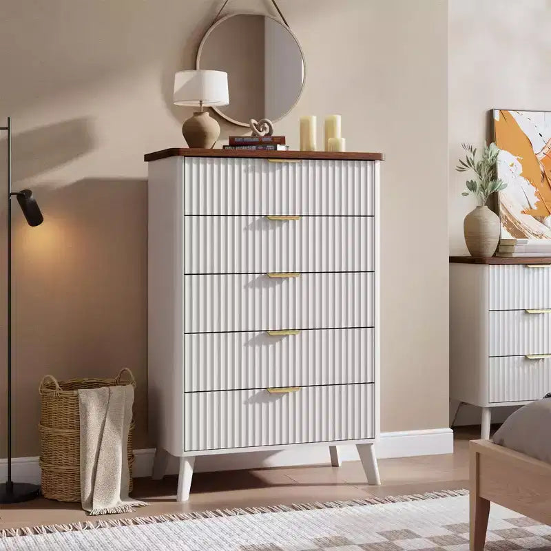 5-Drawer Fluted Dresser, 47.2"H with Gold Handles, Wood Nightstand & Clothes Storage for Bedroom