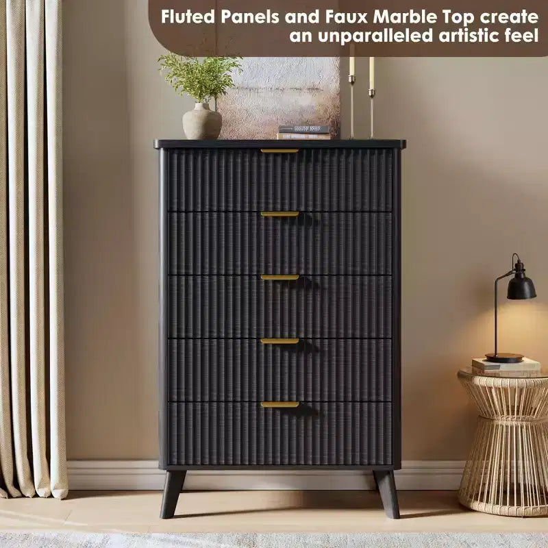 5-Drawer Fluted Dresser, 47.2"H with Gold Handles, Wood Nightstand & Clothes Storage for Bedroom