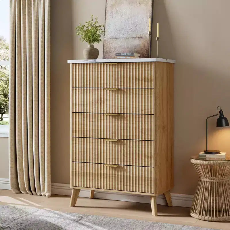 5-Drawer Fluted Dresser, 47.2"H with Gold Handles, Wood Nightstand & Clothes Storage for Bedroom
