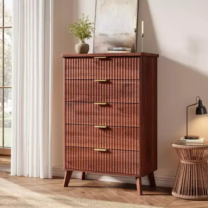 5-Drawer Fluted Dresser, 47.2"H with Gold Handles, Wood Nightstand & Clothes Storage for Bedroom