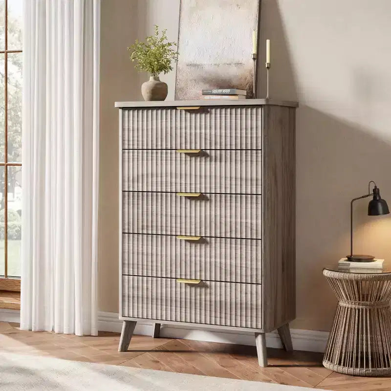 5-Drawer Fluted Dresser, 47.2"H with Gold Handles, Wood Nightstand & Clothes Storage for Bedroom