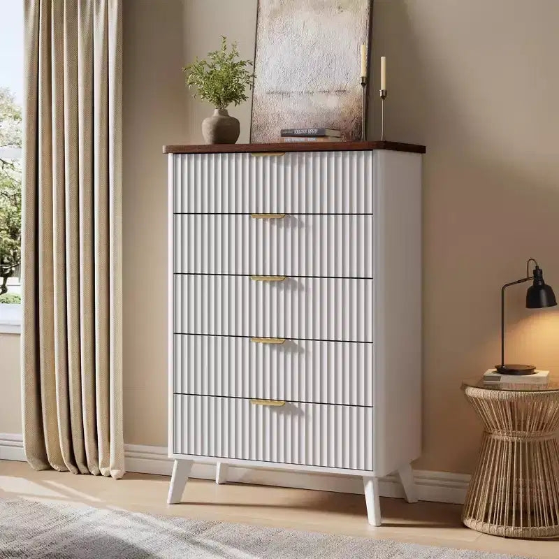 5-Drawer Fluted Dresser, 47.2"H with Gold Handles, Wood Nightstand & Clothes Storage for Bedroom