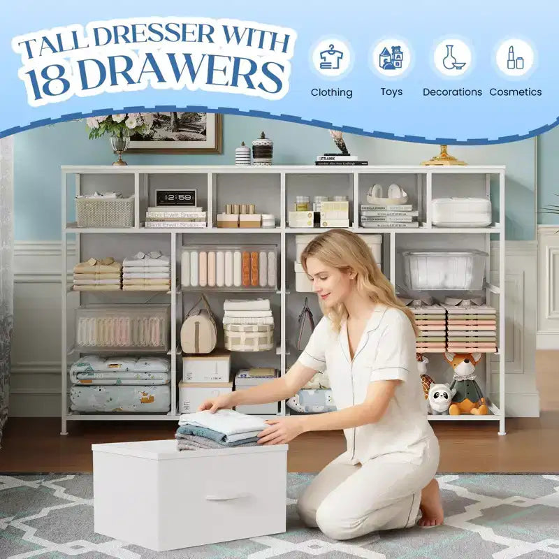 18-Drawer Fabric Dresser Chest Organizer with Steel Frame, Clothes Storage for Bedroom & Hallway