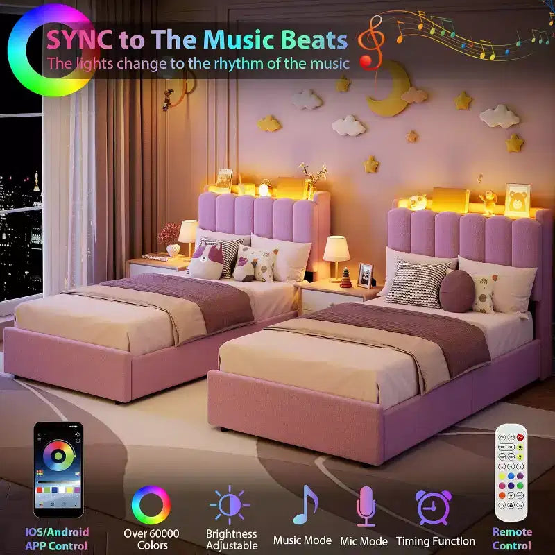 Full Size Kids Platform Bed with Storage Headboard, 2 Drawers & RGB LED Lighting, Boucle Fabric