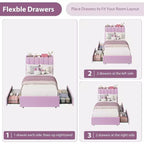 Full Size Kids Platform Bed with Storage Headboard, 2 Drawers & RGB LED Lighting, Boucle Fabric