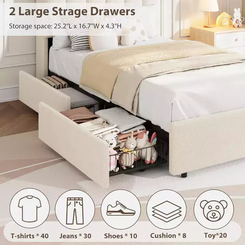 Full Size Kids Platform Bed with Storage Headboard, 2 Drawers & RGB LED Lighting, Boucle Fabric