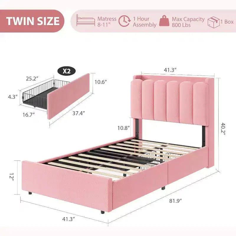 Full Size Kids Platform Bed with Storage Headboard, 2 Drawers & RGB LED Lighting, Boucle Fabric