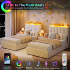 Full Size Kids Platform Bed with Storage Headboard, 2 Drawers & RGB LED Lighting, Boucle Fabric