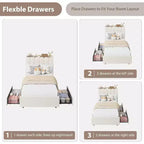 Full Size Kids Platform Bed with Storage Headboard, 2 Drawers & RGB LED Lighting, Boucle Fabric