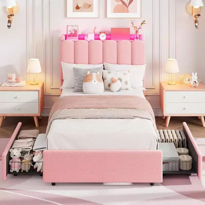 Full Size Kids Platform Bed with Storage Headboard, 2 Drawers & RGB LED Lighting, Boucle Fabric