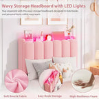 Full Size Kids Platform Bed with Storage Headboard, 2 Drawers & RGB LED Lighting, Boucle Fabric
