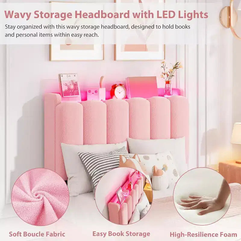 Full Size Kids Platform Bed with Storage Headboard, 2 Drawers & RGB LED Lighting, Boucle Fabric