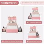 Full Size Kids Platform Bed with Storage Headboard, 2 Drawers & RGB LED Lighting, Boucle Fabric