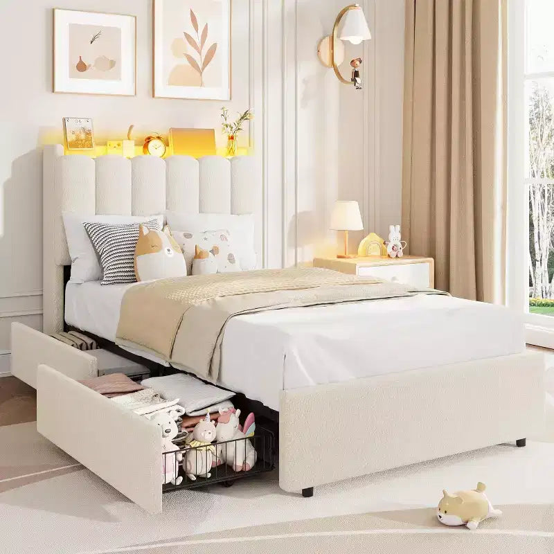 Full Size Kids Platform Bed with Storage Headboard, 2 Drawers & RGB LED Lighting, Boucle Fabric