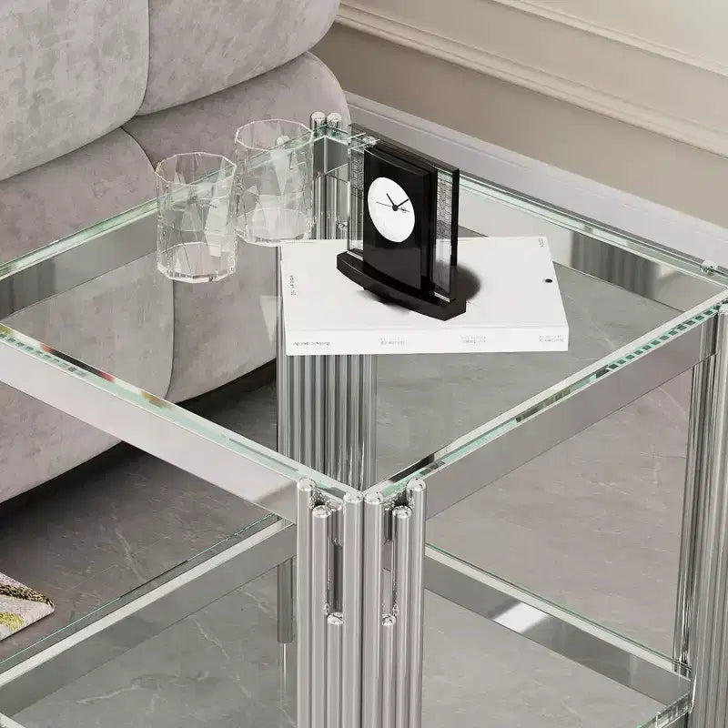 Double Layer Tempered Glass Round End Table with Mirror-Finish Stainless Steel Frame, Living Room Accent