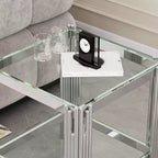 Double Layer Tempered Glass Round End Table with Mirror-Finish Stainless Steel Frame, Living Room Accent