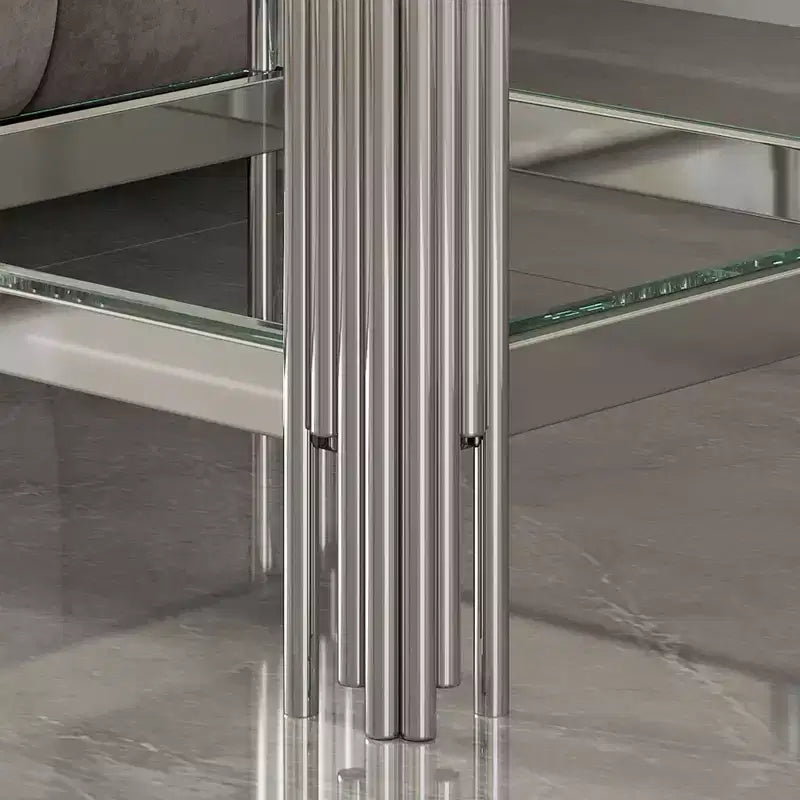 Double Layer Tempered Glass Round End Table with Mirror-Finish Stainless Steel Frame, Living Room Accent