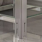 Double Layer Tempered Glass Round End Table with Mirror-Finish Stainless Steel Frame, Living Room Accent
