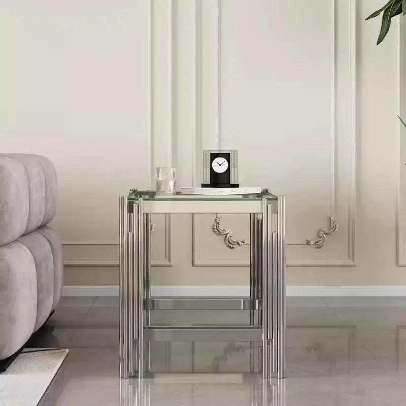 Double Layer Tempered Glass Round End Table with Mirror-Finish Stainless Steel Frame, Living Room Accent