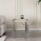 Double Layer Tempered Glass Round End Table with Mirror-Finish Stainless Steel Frame, Living Room Accent