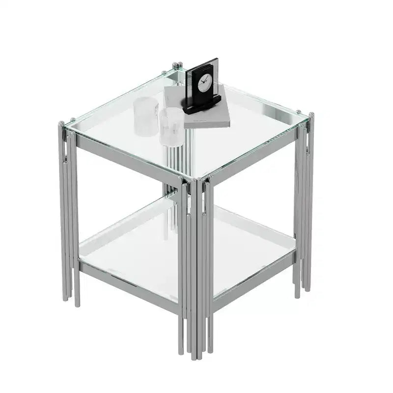 Double Layer Tempered Glass Round End Table with Mirror-Finish Stainless Steel Frame, Living Room Accent