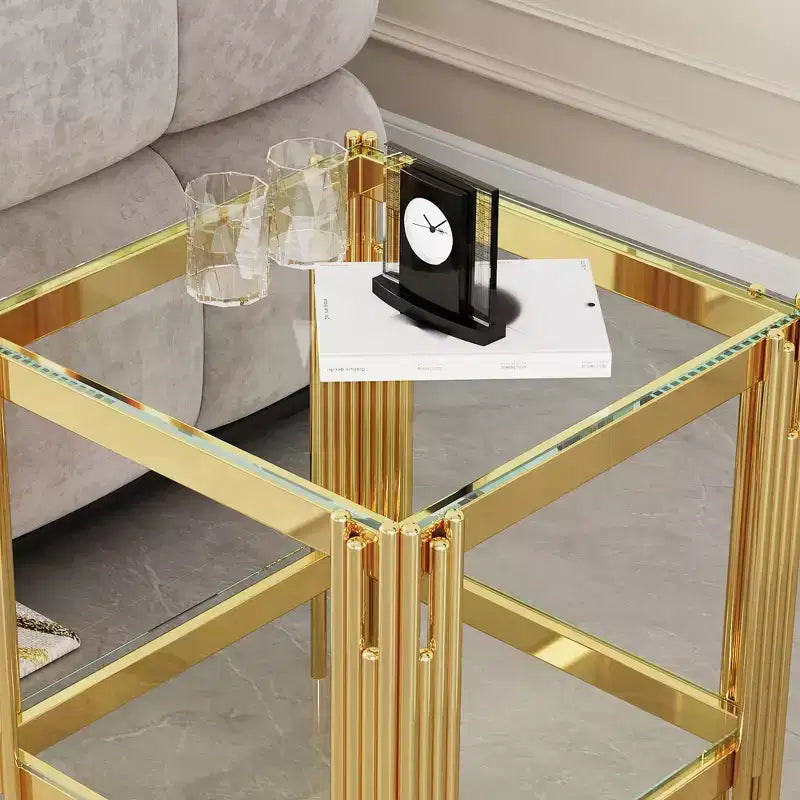 Double Layer Tempered Glass Round End Table with Mirror-Finish Stainless Steel Frame, Living Room Accent