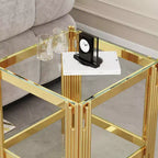 Double Layer Tempered Glass Round End Table with Mirror-Finish Stainless Steel Frame, Living Room Accent