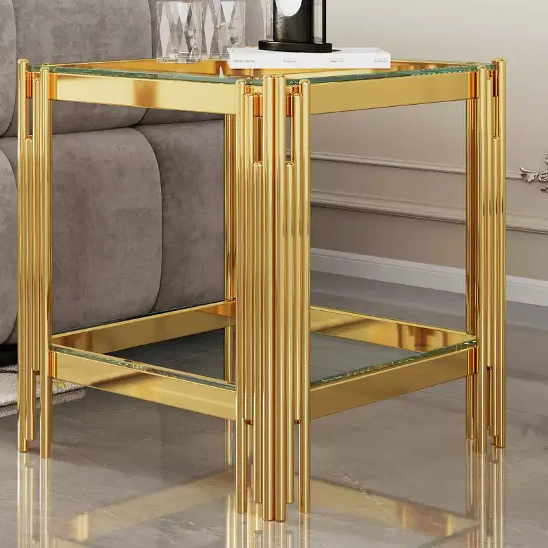 Double Layer Tempered Glass Round End Table with Mirror-Finish Stainless Steel Frame, Living Room Accent