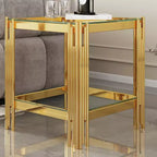 Double Layer Tempered Glass Round End Table with Mirror-Finish Stainless Steel Frame, Living Room Accent