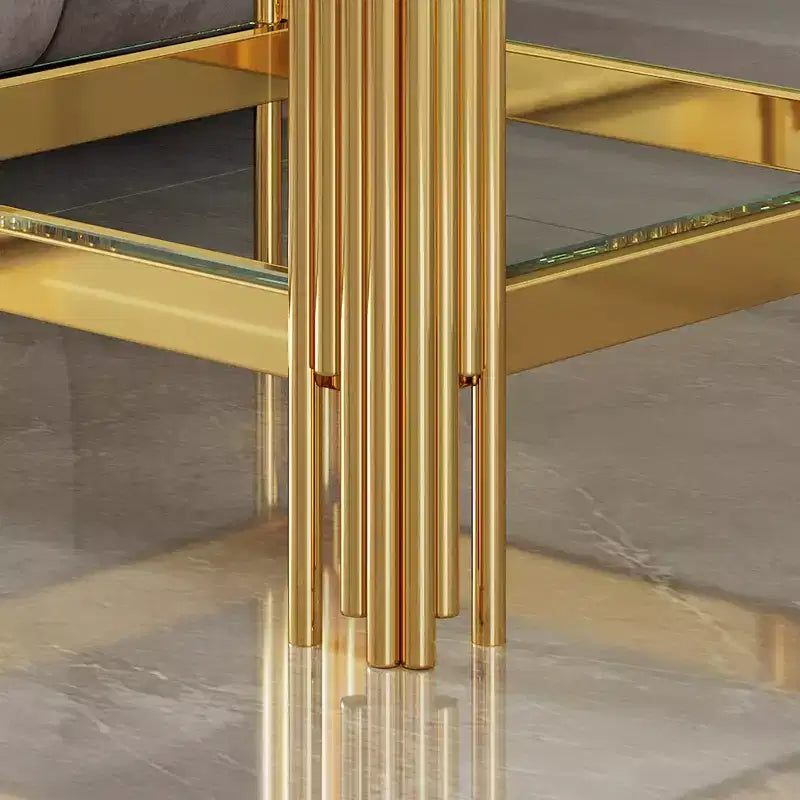 Double Layer Tempered Glass Round End Table with Mirror-Finish Stainless Steel Frame, Living Room Accent
