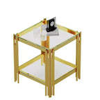 Double Layer Tempered Glass Round End Table with Mirror-Finish Stainless Steel Frame, Living Room Accent