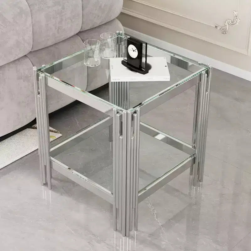 Double Layer Tempered Glass Round End Table with Mirror-Finish Stainless Steel Frame, Living Room Accent