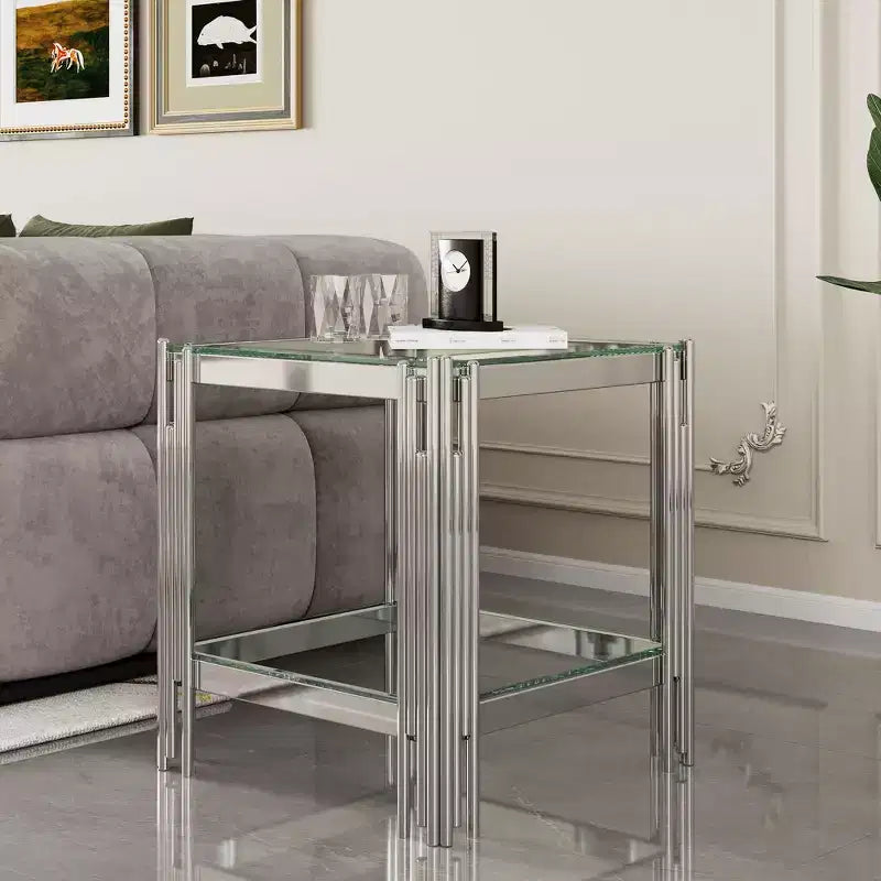 Double Layer Tempered Glass Round End Table with Mirror-Finish Stainless Steel Frame, Living Room Accent