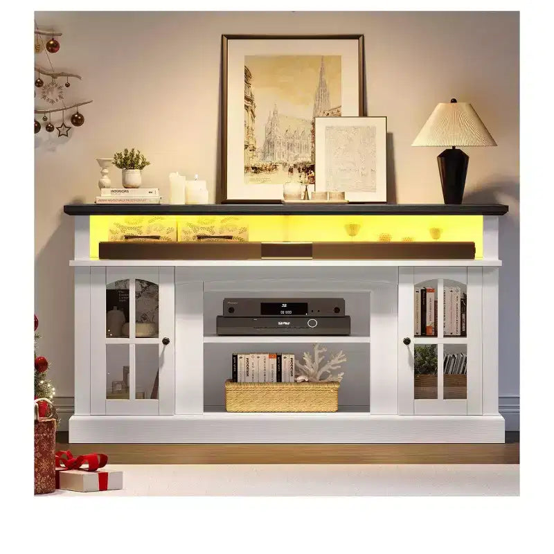 LED TV Stand Cabinet with Power Outlets, Entertainment Center for TVs up to 65", Adjustable Shelves & Glass Doors
