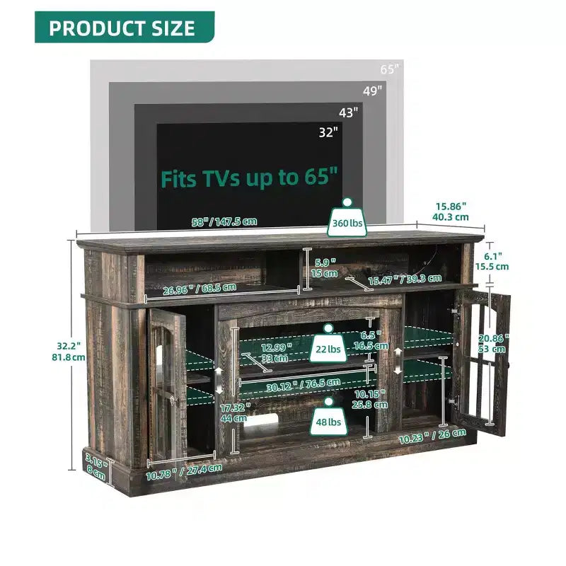 LED TV Stand Cabinet with Power Outlets, Entertainment Center for TVs up to 65", Adjustable Shelves & Glass Doors