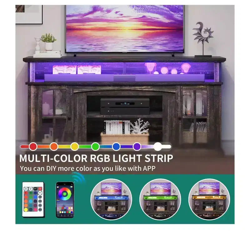 LED TV Stand Cabinet with Power Outlets, Entertainment Center for TVs up to 65", Adjustable Shelves & Glass Doors