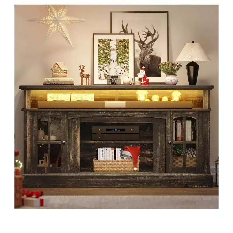 LED TV Stand Cabinet with Power Outlets, Entertainment Center for TVs up to 65", Adjustable Shelves & Glass Doors