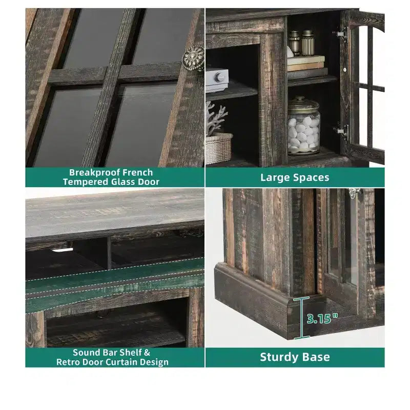 LED TV Stand Cabinet with Power Outlets, Entertainment Center for TVs up to 65", Adjustable Shelves & Glass Doors