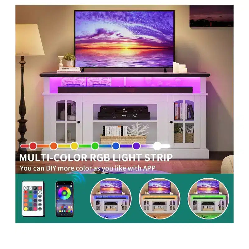 LED TV Stand Cabinet with Power Outlets, Entertainment Center for TVs up to 65", Adjustable Shelves & Glass Doors